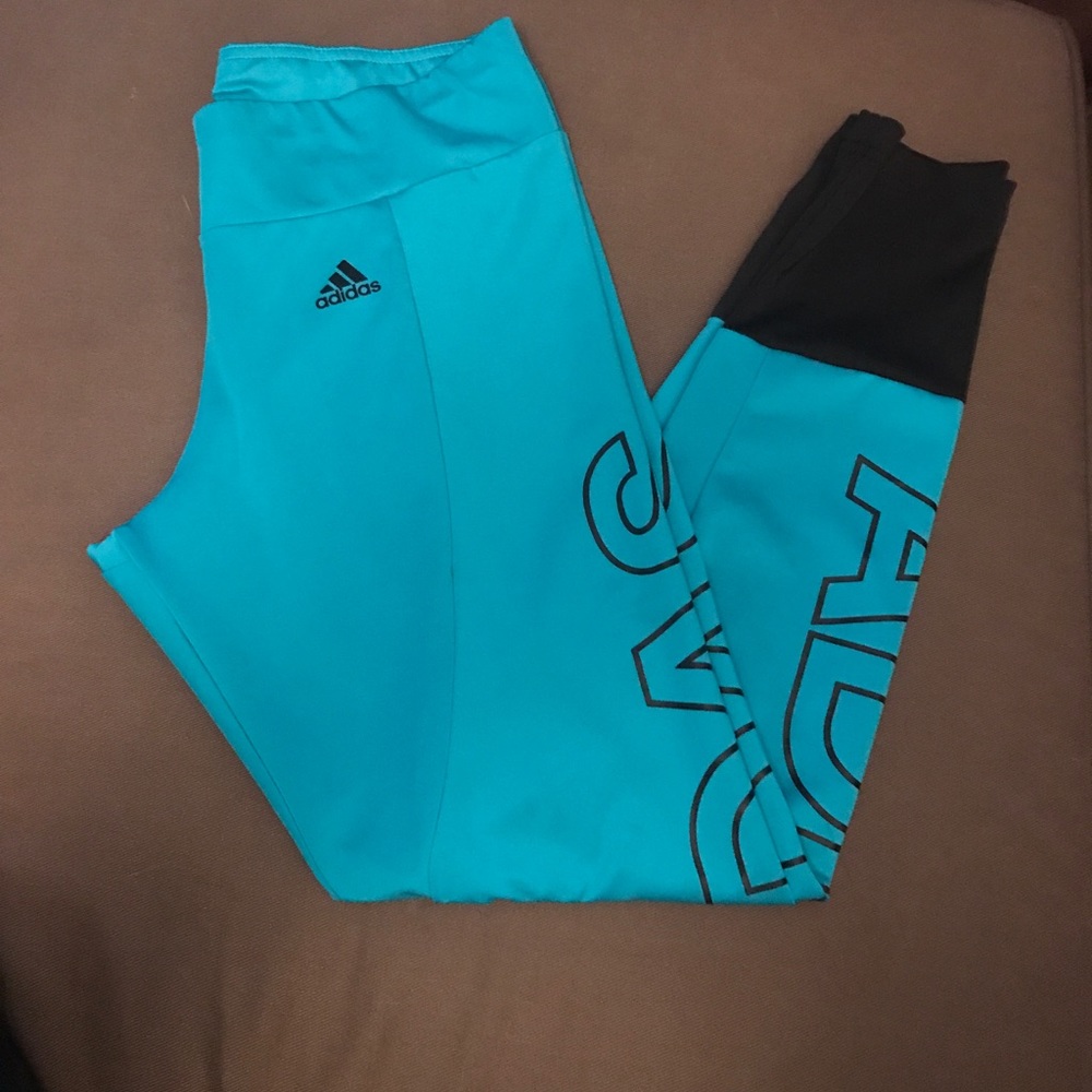 Teal and black adidas training pants.